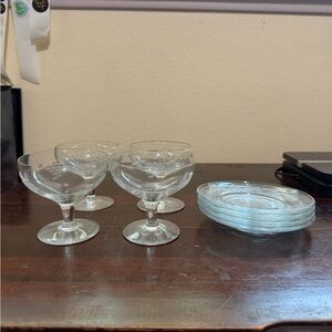 Set of 4 Vintage Etched Glasses with Matching Plates Dessert Cups